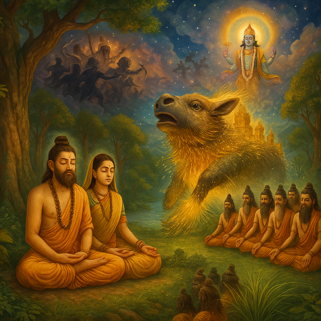 Painting of Swayambhuva Manu and Shatarupa meditating by a river as Brahma watches from above on a lotus in the starry sky