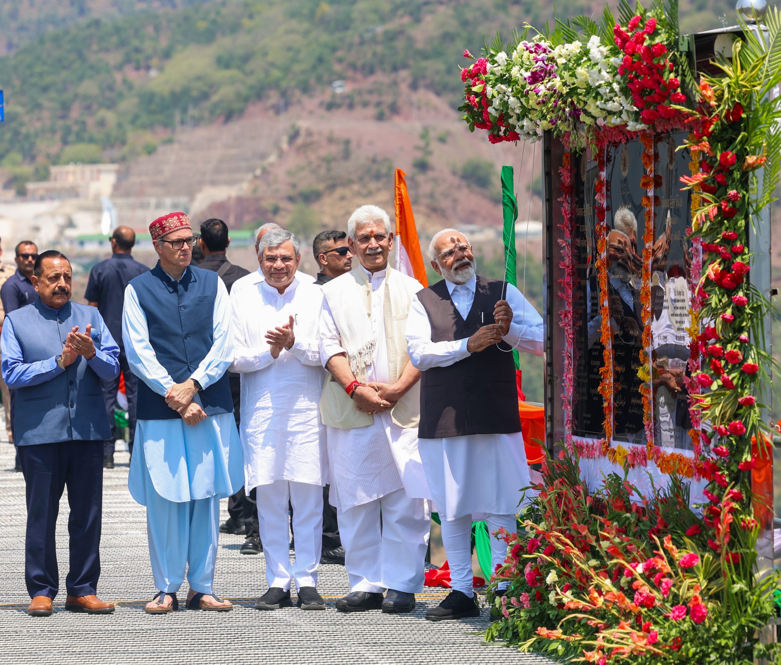 Modi aboard Vande Bharat train near Chenab Bridge during Kashmir rail link inauguration.