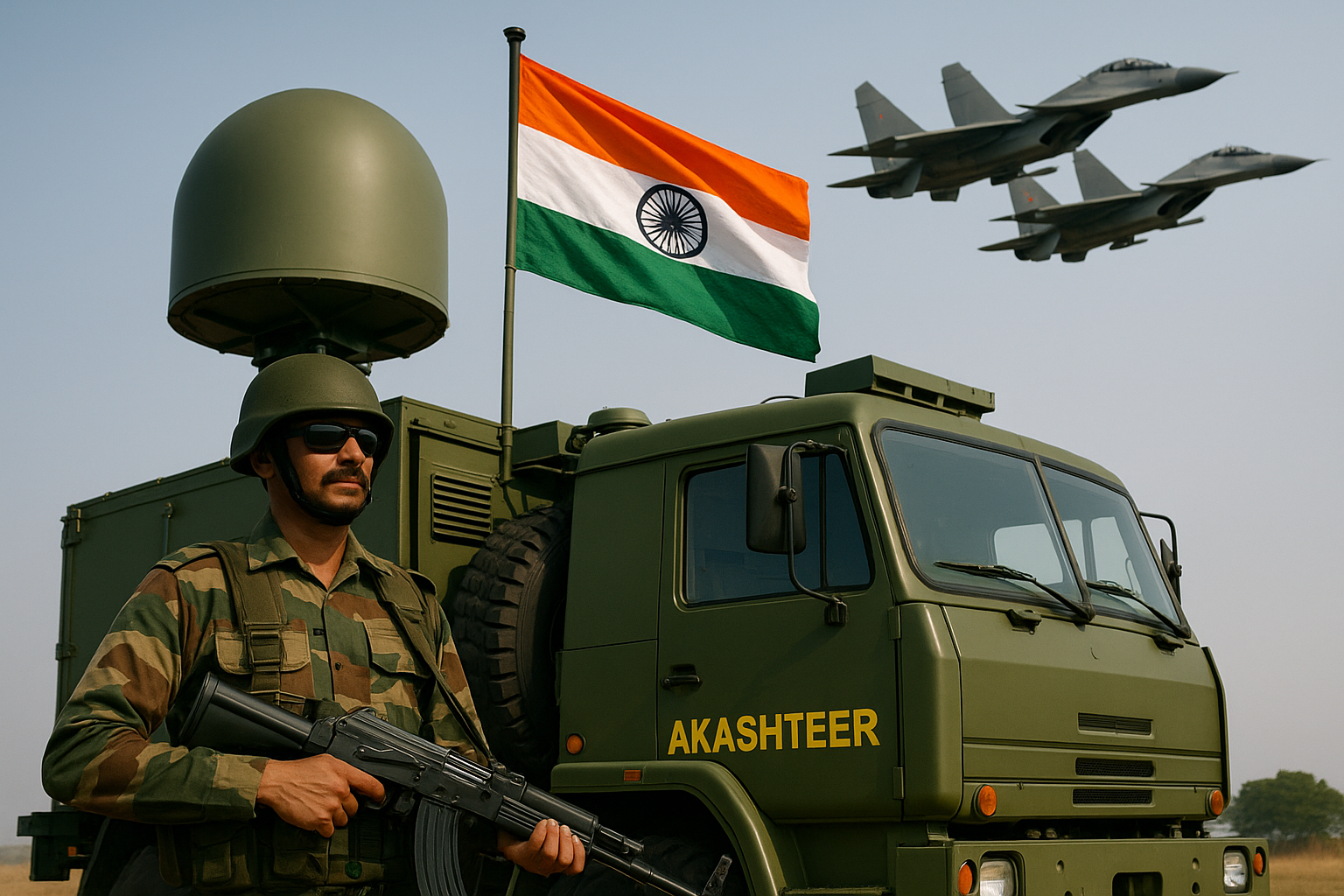 Indian soldier beside Akashteer system with radar and jets overhead - Atmanirbhar Bharat