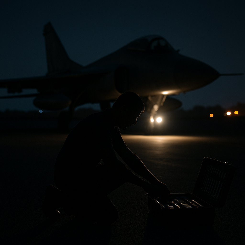 Aircraft technician under fighter jet during night flying