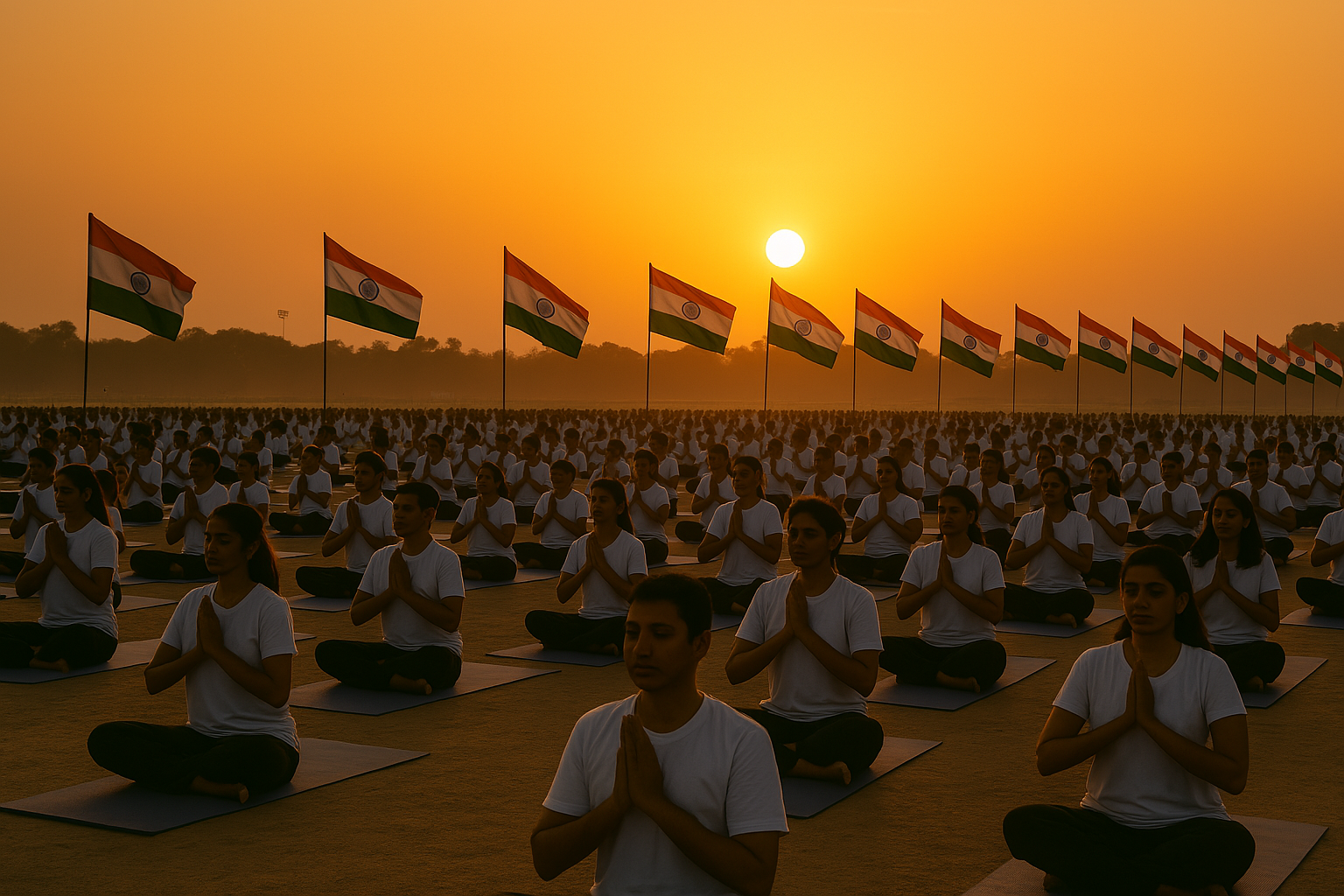 “People performing yoga together at sunrise for Yoga Sangam 2025”
