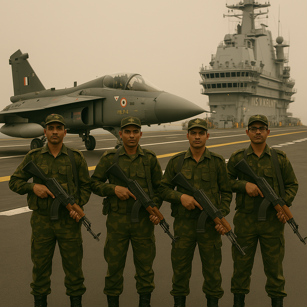 “Indian Air Force Tejas jet and Navy INS Vikrant symbolizing defence growth”