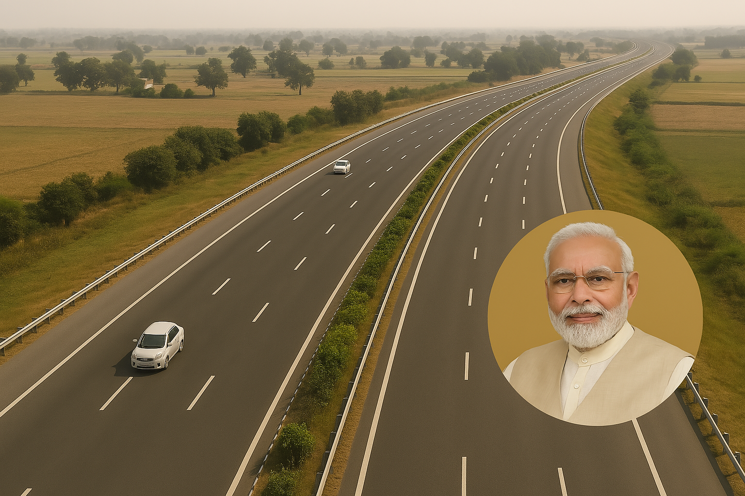 Prime Minister Narendra Modi over modern Indian highway