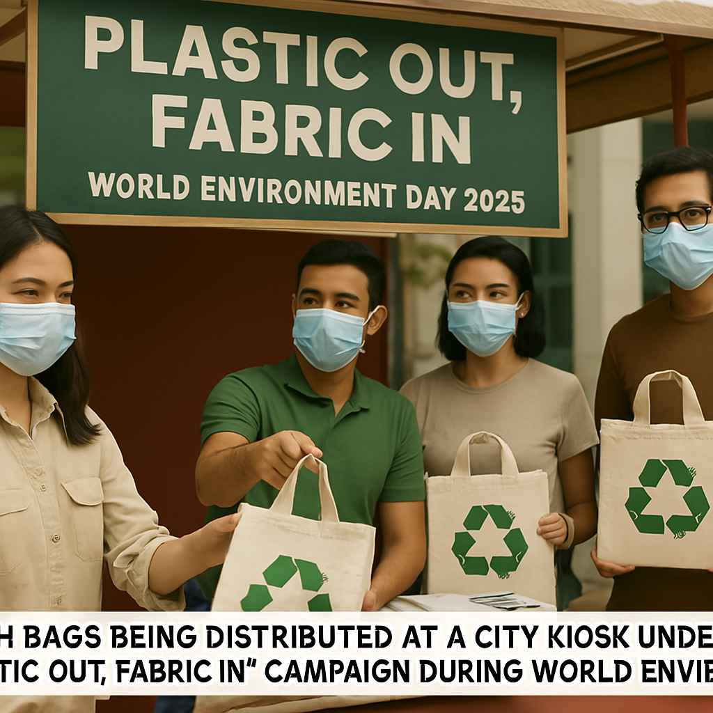 Volunteer handing reusable cloth bag to citizen at plastic-free awareness kiosk.