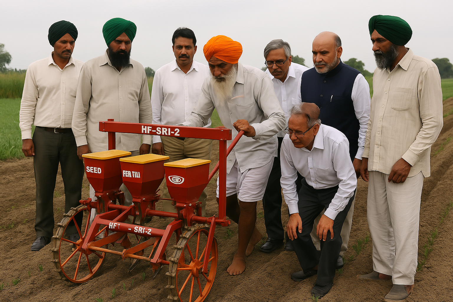 Farmer using direct seeding machine in paddy field.