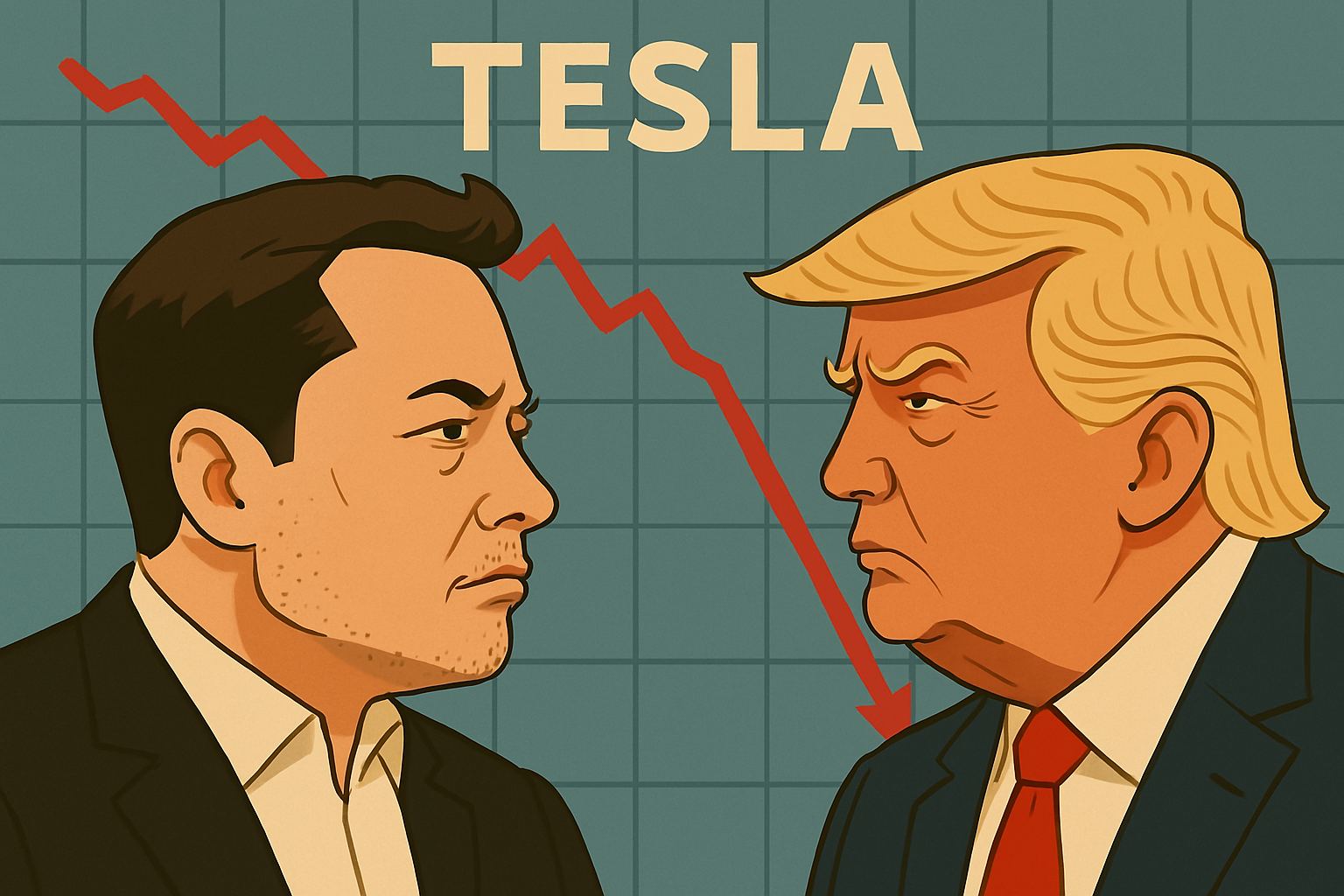 Elon Musk and Donald Trump with Tesla stock price falling chart in background.