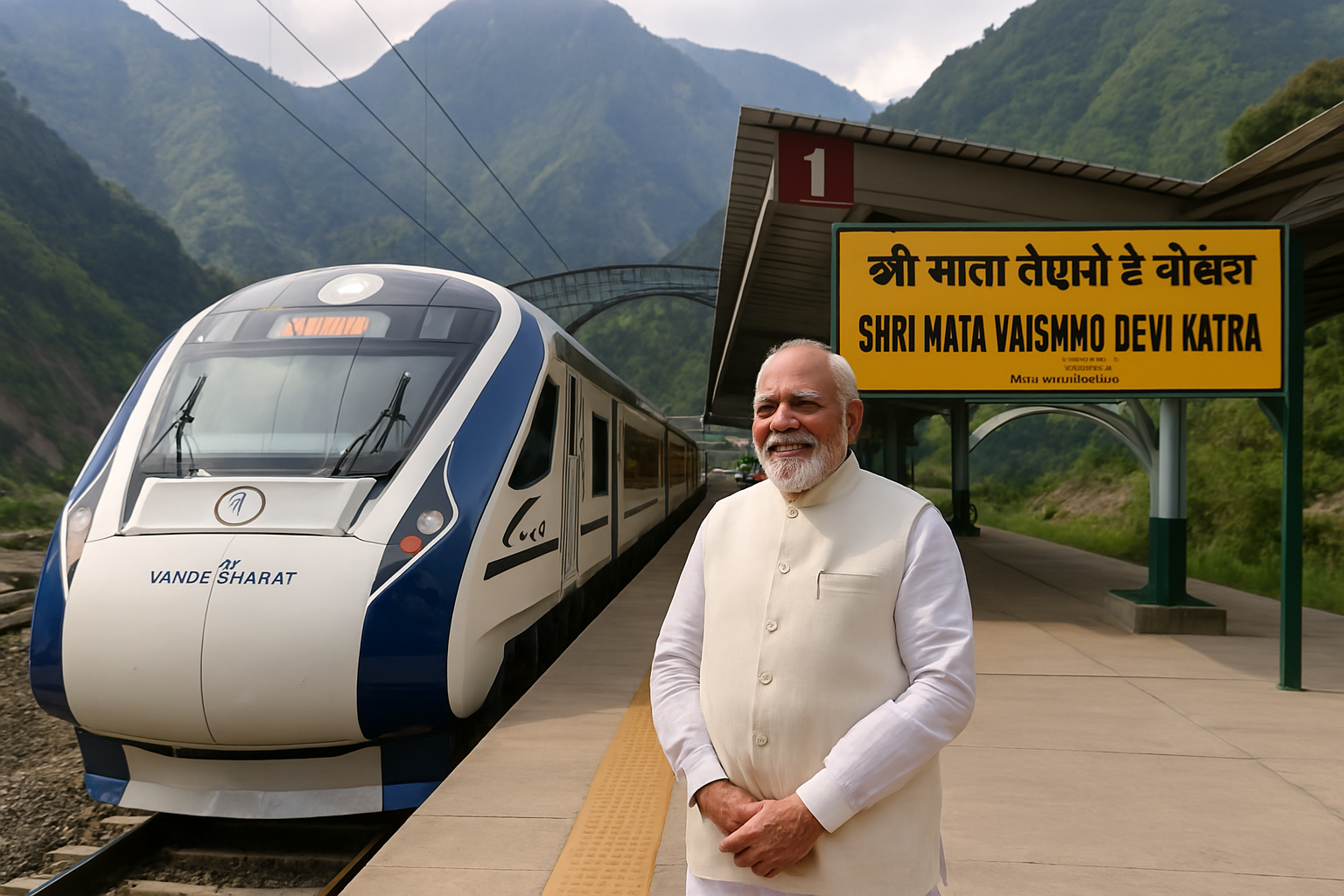"Vande Bharat train at Shri Mata Vaishno Devi Katra station, Jammu and Kashmir"