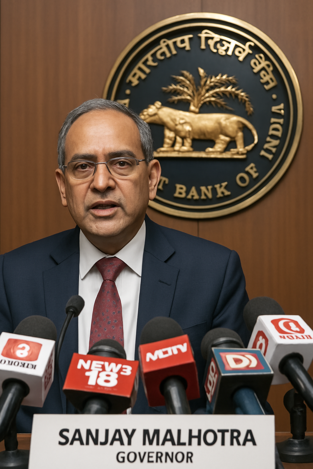 RBI Governor Sanjay Malhotra announces repo rate cut to 5.5% during MPC press briefing.