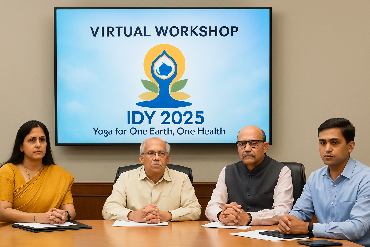 Government officials join a virtual workshop for International Day of Yoga 2025.