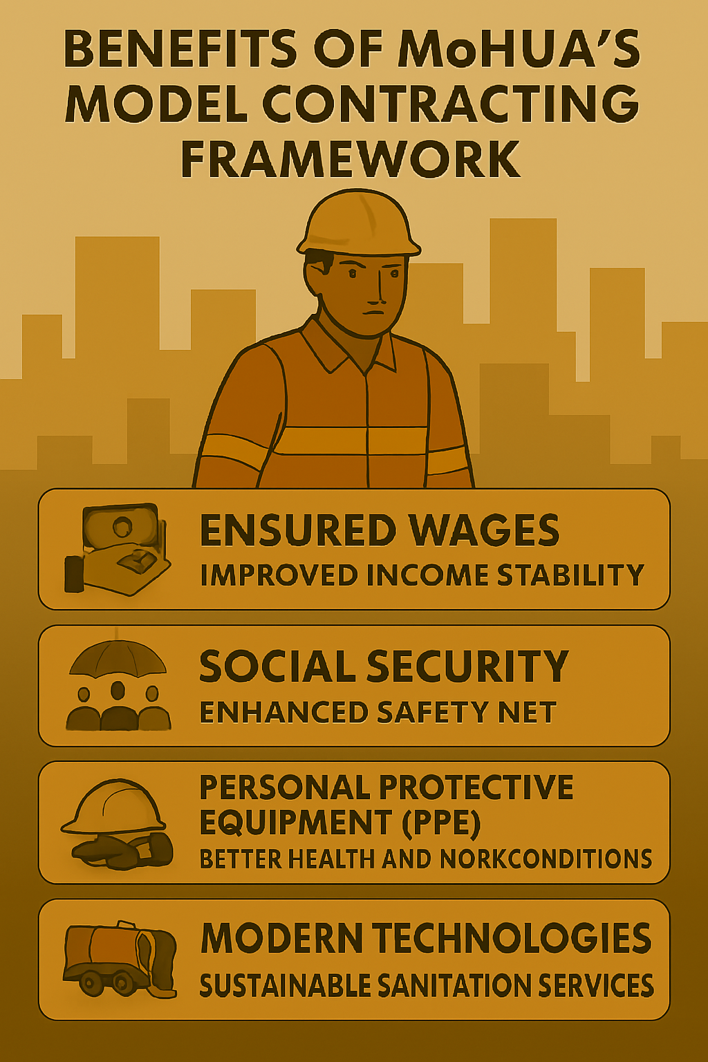 Infographic detailing MoHUA’s Model Contracting Framework for safer sanitation worker practices and improved urban sanitation.