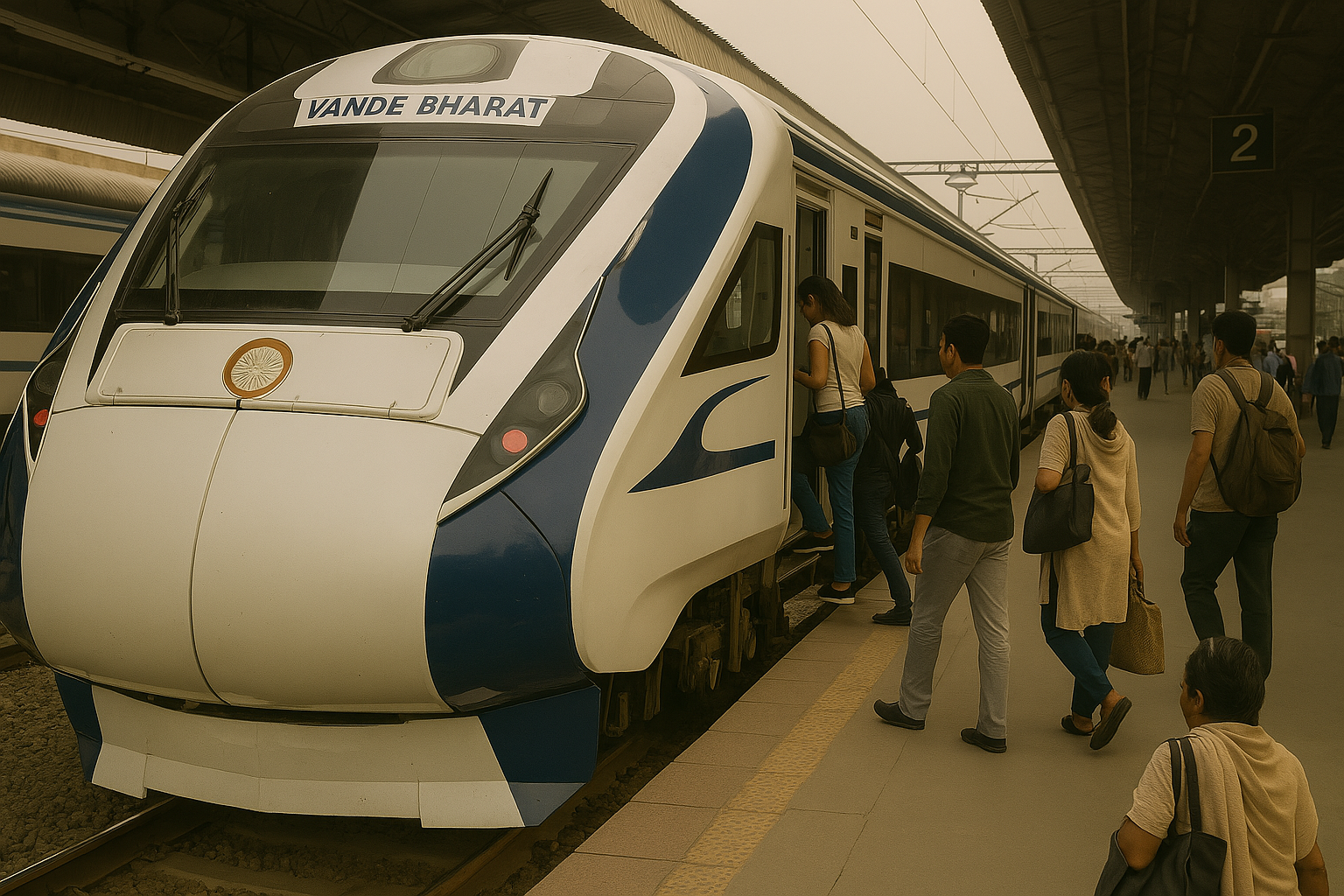 People boarding Vande Bharat Express train at station