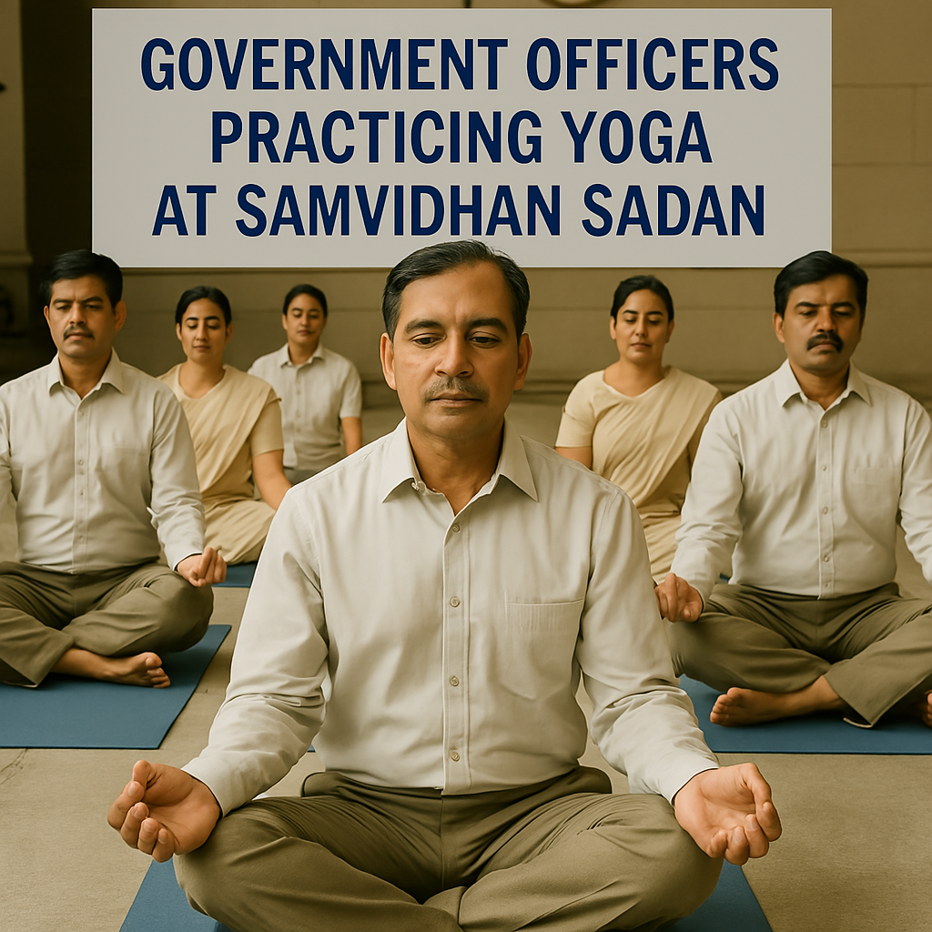 Government officers practicing yoga during the International Yoga Day workshop in Delhi