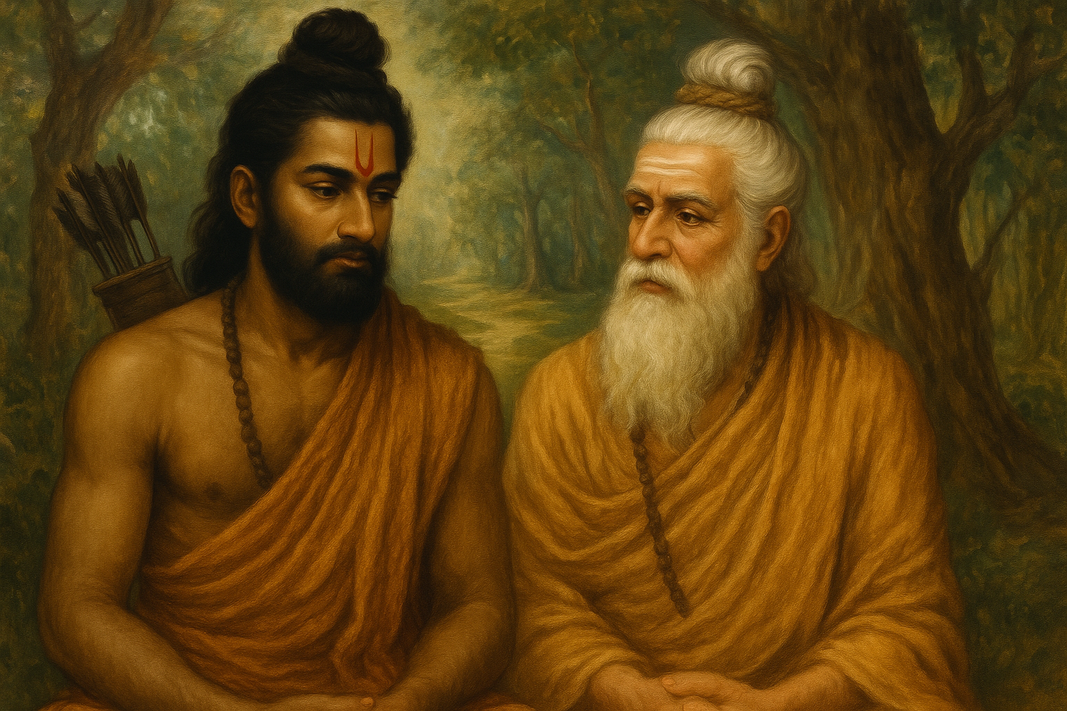 Lord Ram seated beside Sage Vishwamitra, listening with humility and grace