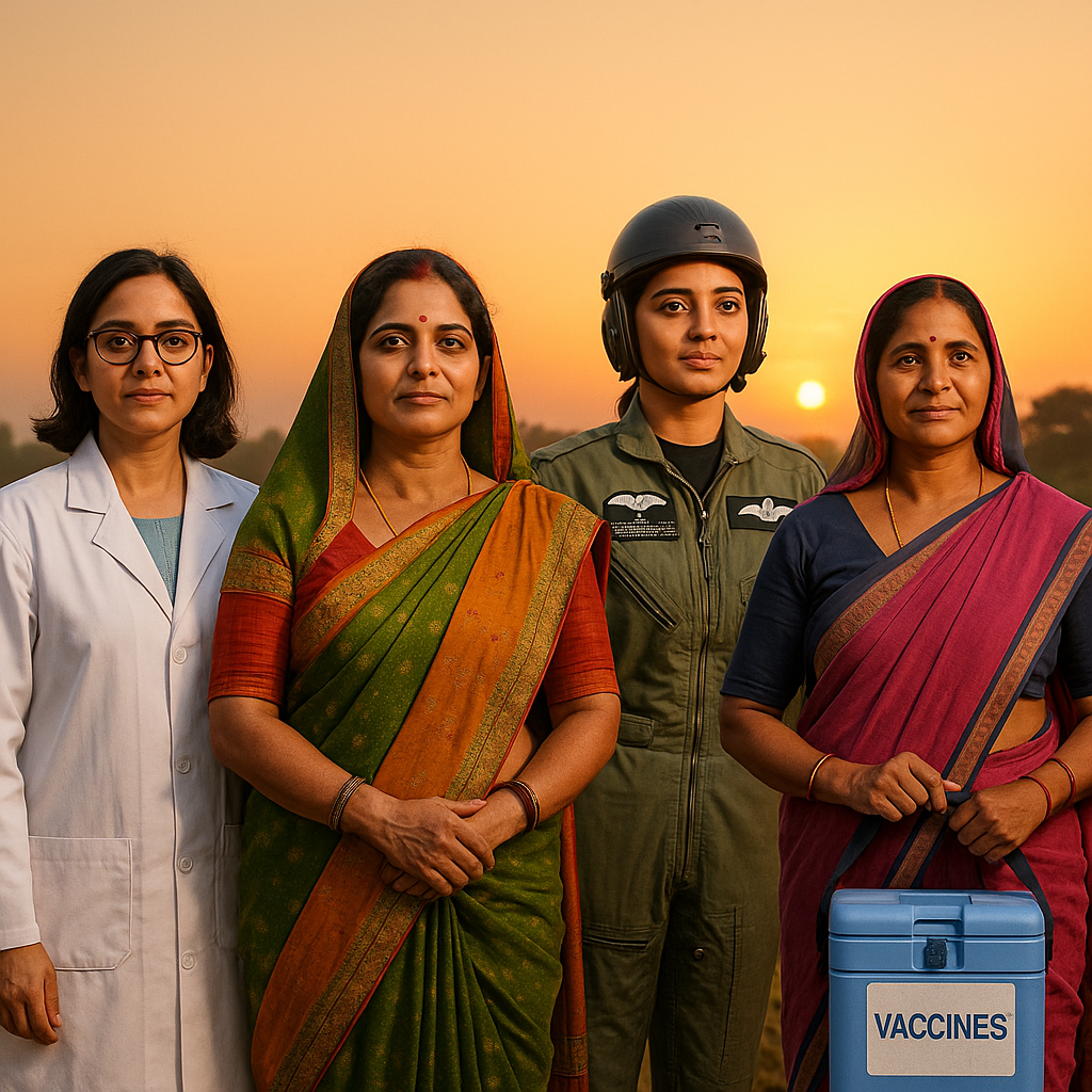 Indian women from diverse fields standing strong: scientist, sarpanch, pilot, ASHA worker