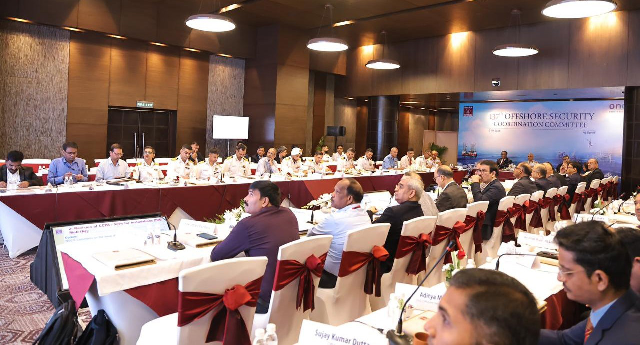 Indian Coast Guard officials in formal discussion during the OSCC meeting held in June 2025 to review offshore security preparedness.