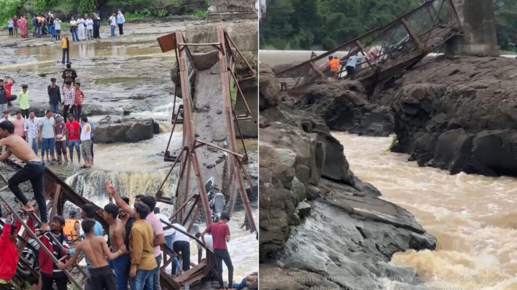 Close-up view of the shattered concrete section in water, showing structural failure.