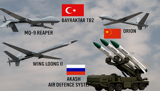 Akash air defense missile with various foreign drones like Bayraktar TB2 and MQ-9