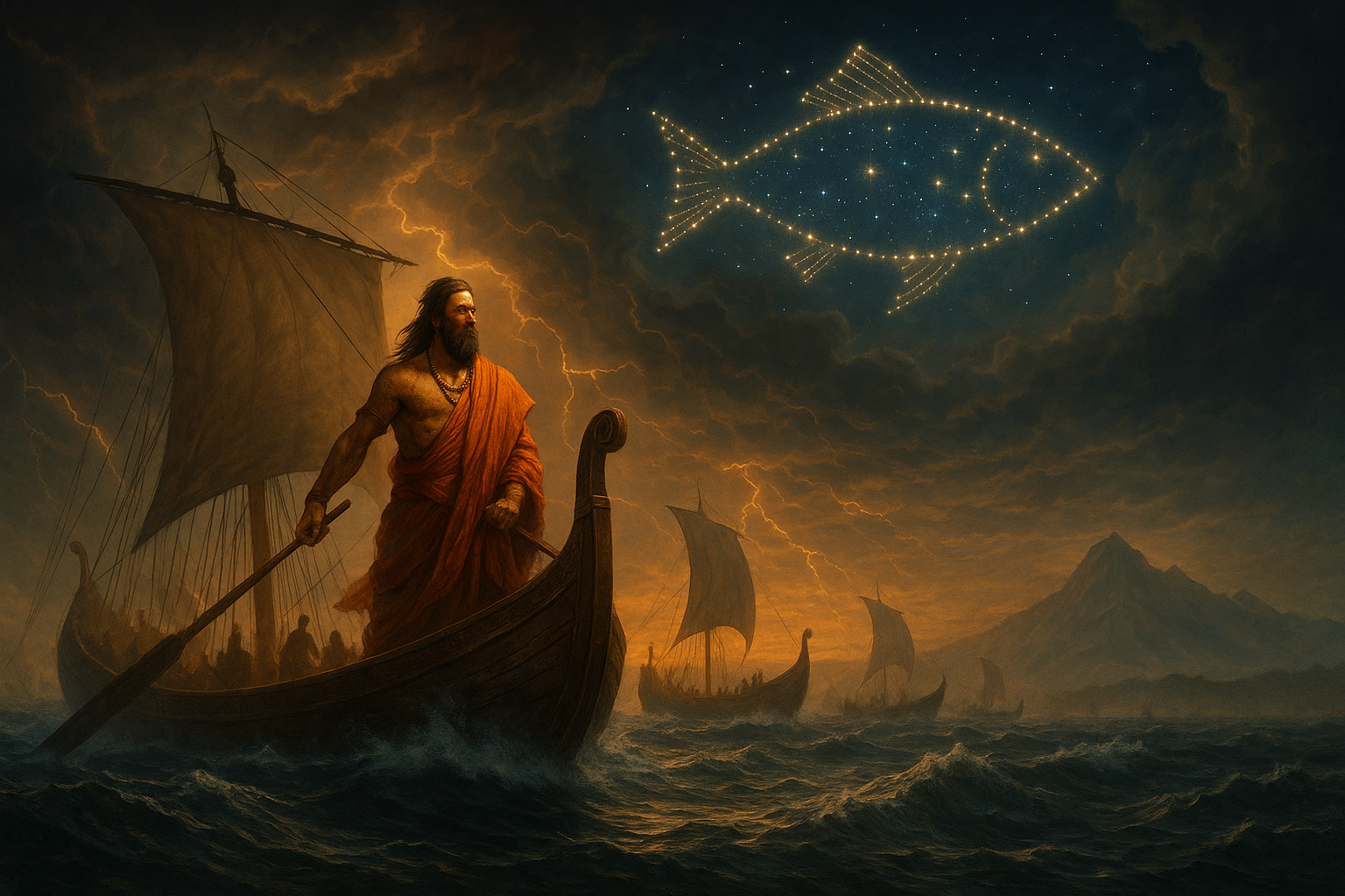 Ancient King Manu leading a convoy of Vedic ships under stormy skies, guided by a glowing fish-shaped constellation