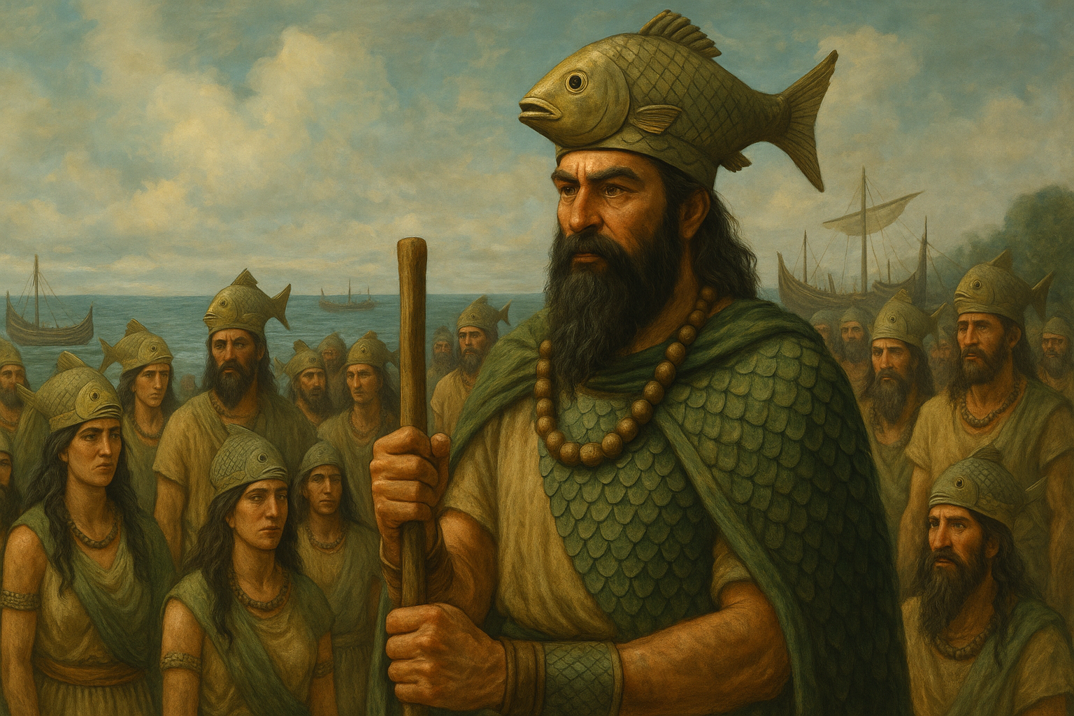 Ancient Matsya clan with fish totem headdresses and their chieftain near the sea, representing Vedic seafaring tribe guiding Manu’s convoy during a great flood.