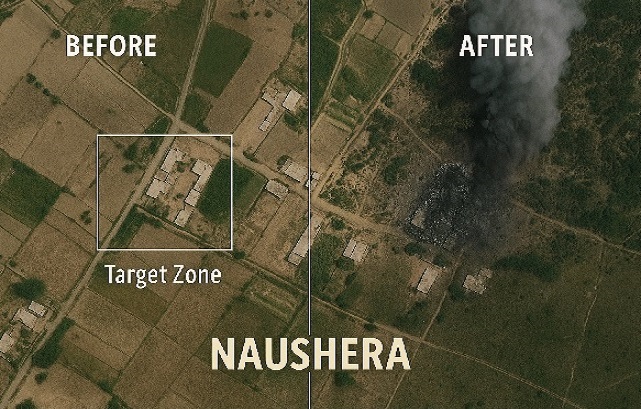 Aerial drone view showing Indian precision strike impact on Naushera military facility before and after attack