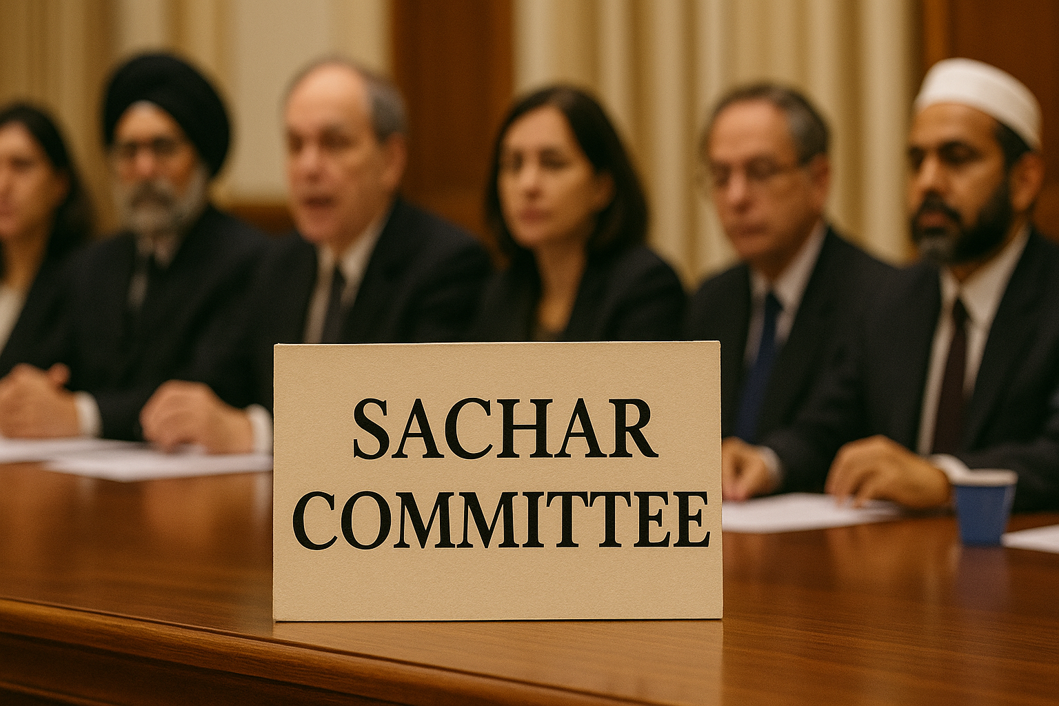 A formal meeting room with six committee members seated at a long wooden table, with a sign labeled “Sachar Committee” in focus and the panel blurred behind.