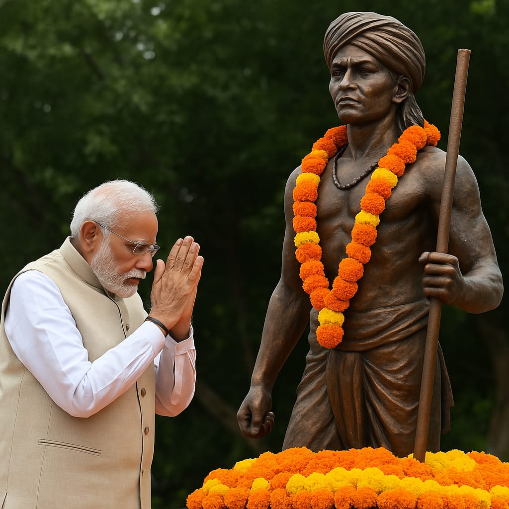 PM Modi tribute to Birsa Munda statue on Martyr's Day.