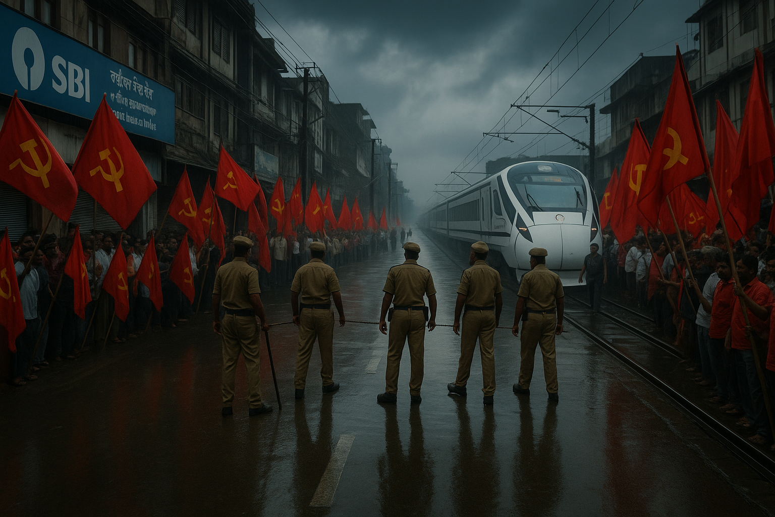 Bharat Bandh scene – banks shut, tracks blocked, red flags wave