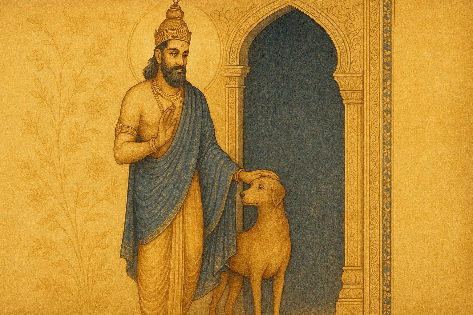 Traditional miniature-style scene of Maharaj Yudhishthir with his dog at heaven’s gate