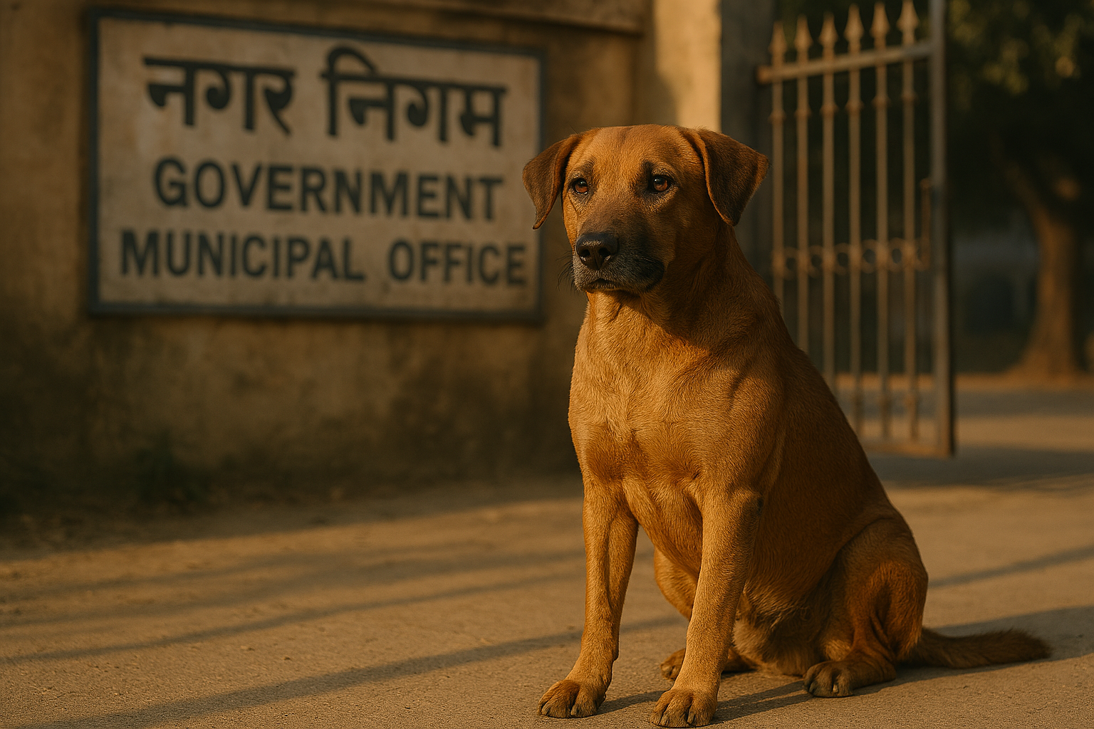 Indian stray dog near municipal office gate, warm light
